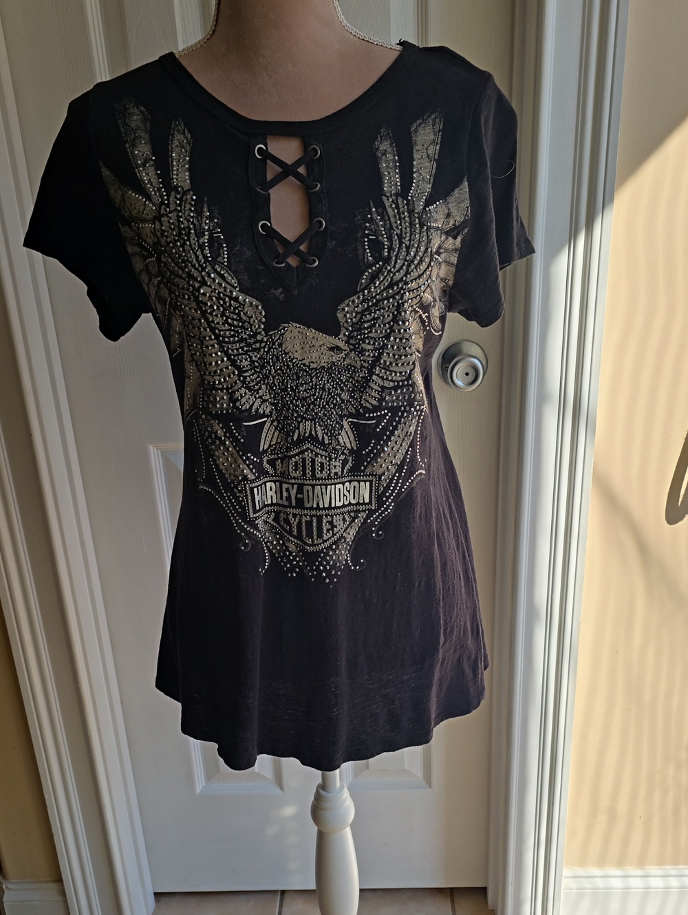 Womens XL Harley-Davidson Black Tee with Gold Eagle and Lace-Up Neck